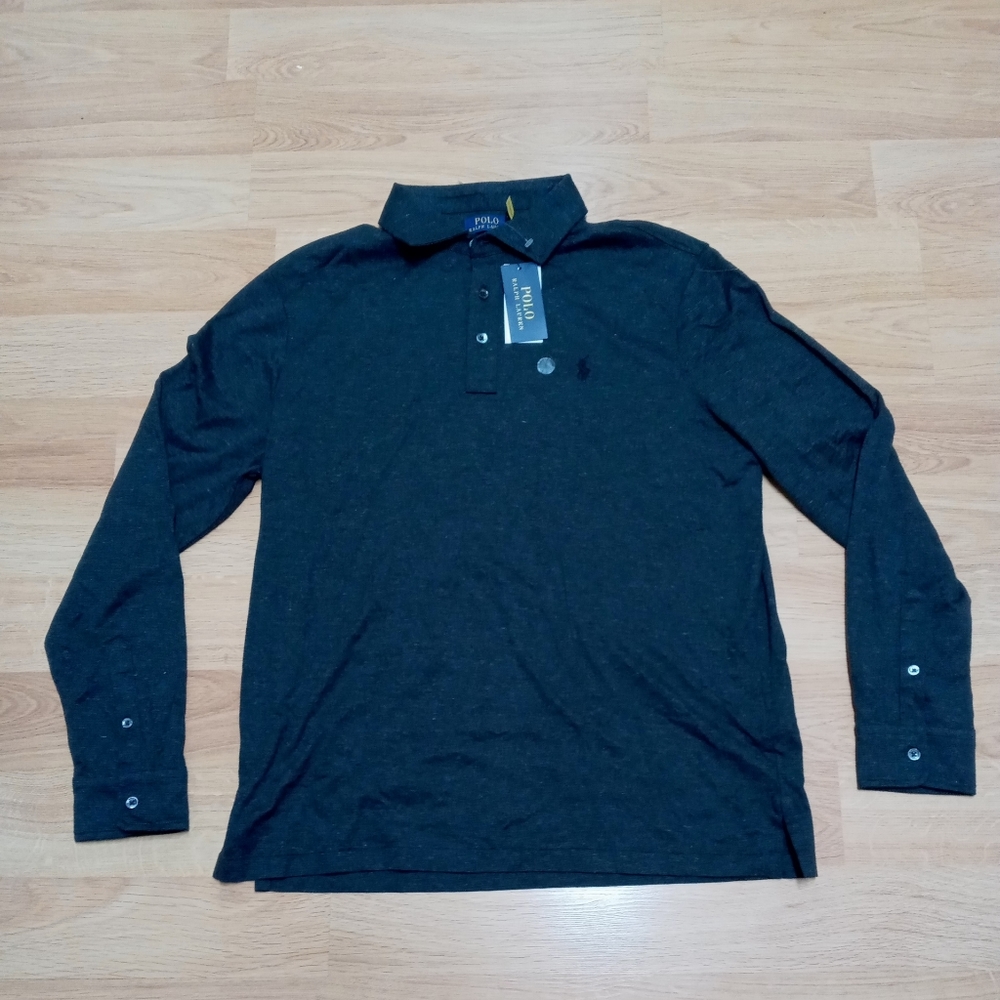 Polo Ralph Lauren Long Sleeve Cotton Polo Shirt Large NWT Gray Multi MSRP $125.
